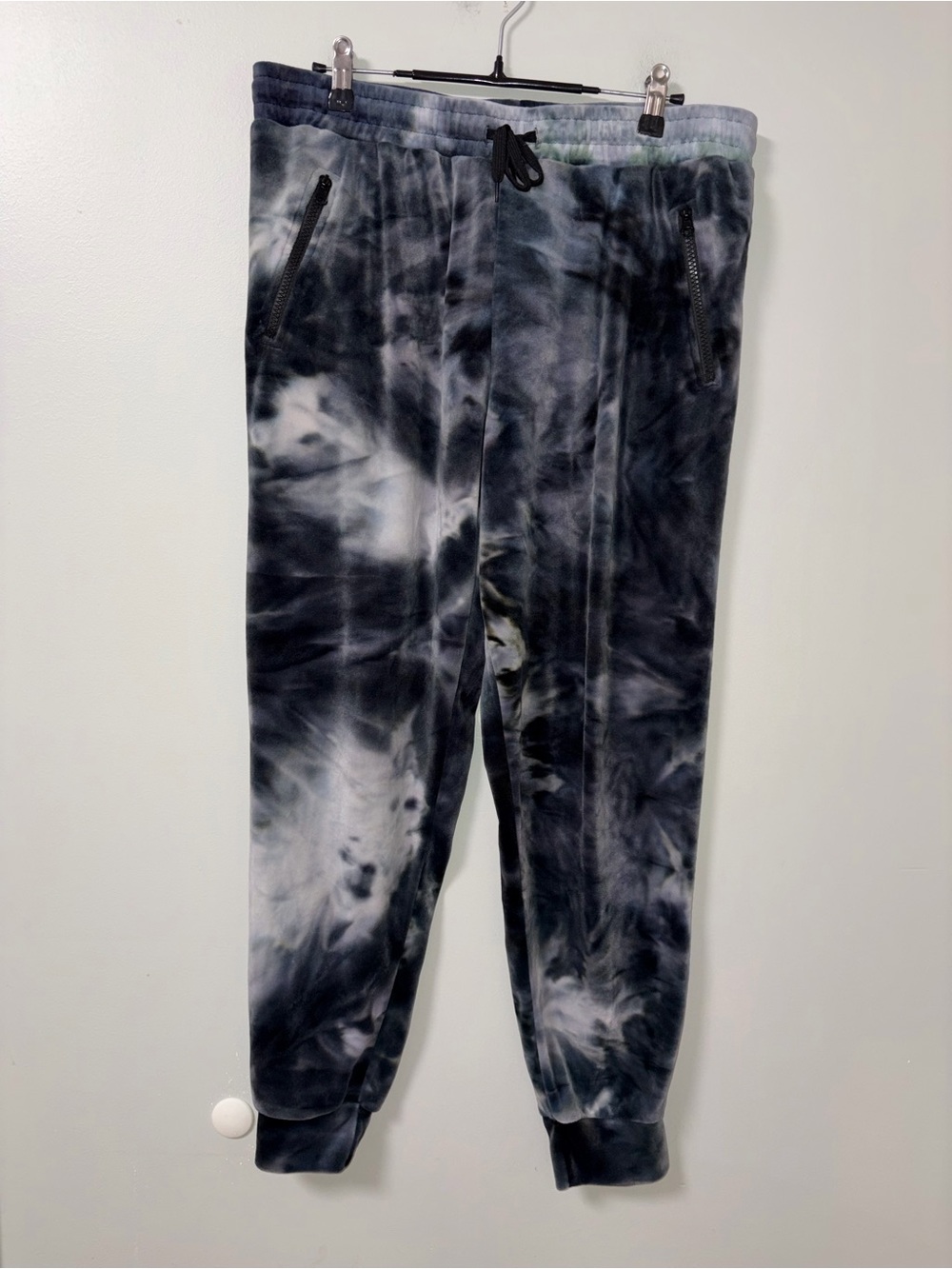 Eye Candy Black Navy White Marble Tie Dye Velour Soft Joggers Zip Pockets XL